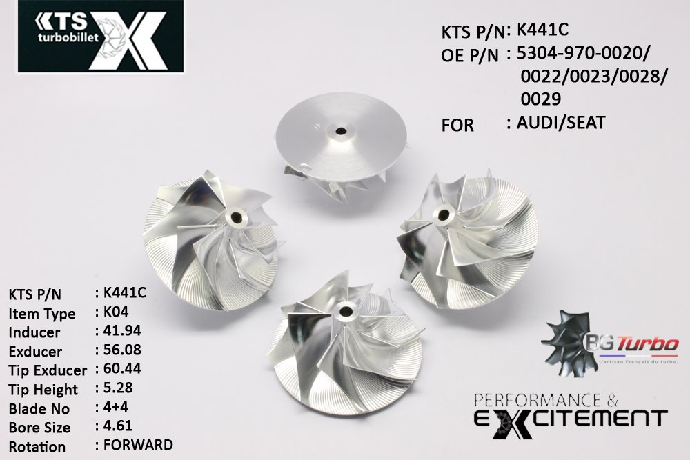 Turbo ROUE FORGÉE MFS PERFORMANCE - 4+4 PALES - INDUCER : 41,94 - EXDUCER : 56,08 - TYPE : K04ANGLE : 60° - ROTATION : Forward - SUPER BACK : 1,8 - BORE SIZE : 4,61

